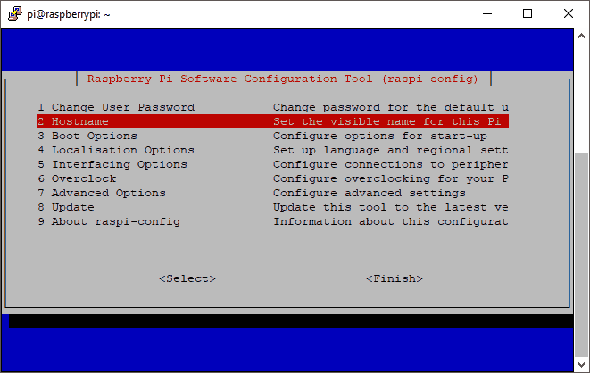 raspi-config Main Screen